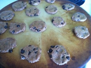 Cookies scooped onto the cookie sheet then smashed since they don't spread out when baked.